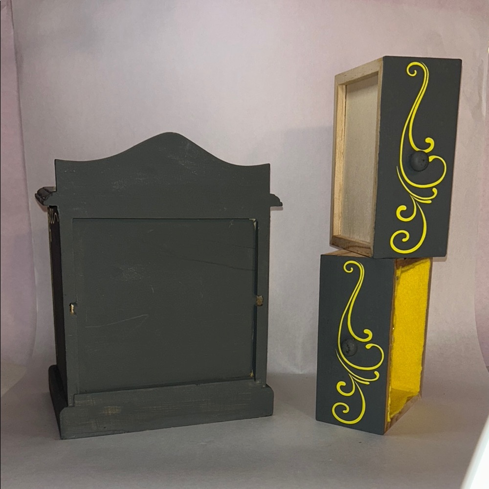 Hand-Made/Painted Gray Jewelry Box/Dollhouse 2 Drawer Dresser w/Neon Yellow Dsgn - Picture 3 of 16